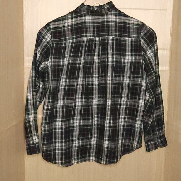 Loft Womens Petite Green White Plaid High Neck Ruffle Top SP - Picture 2 of 6